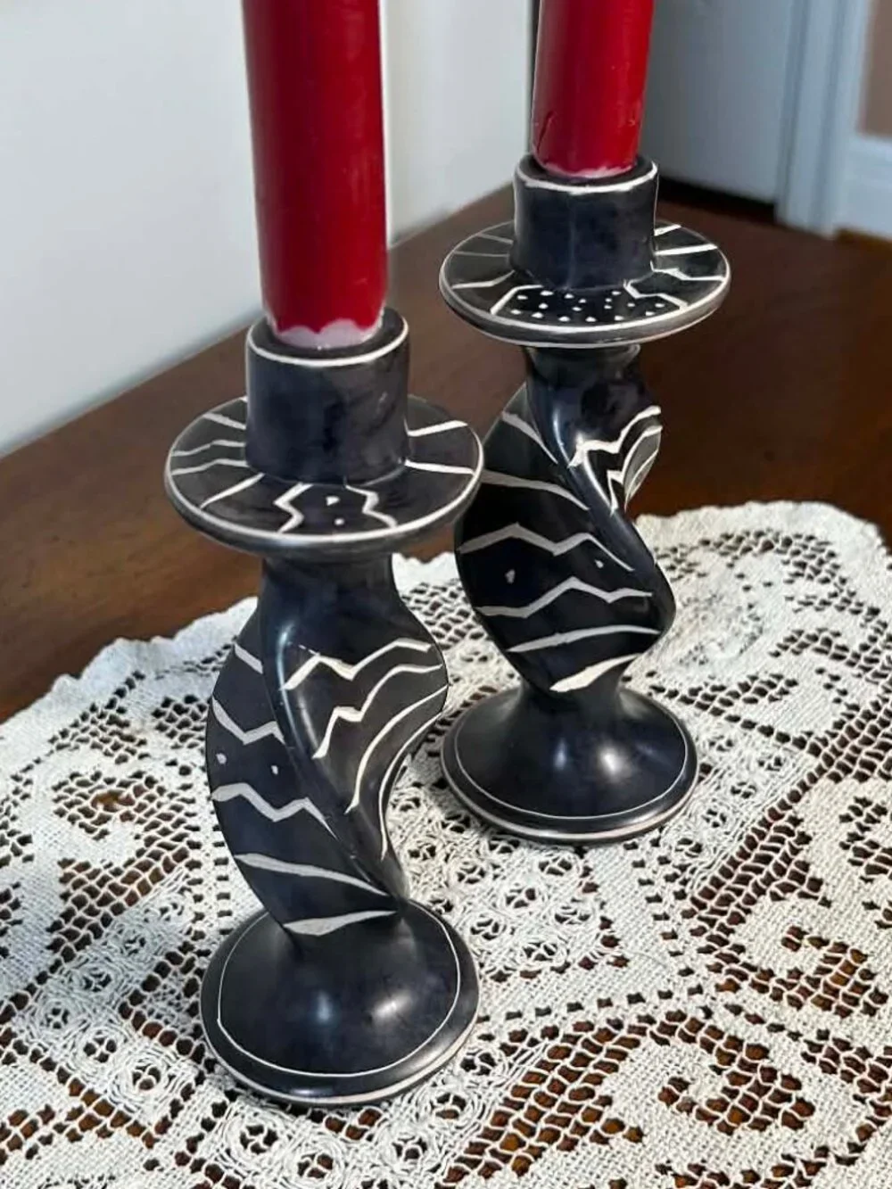 Pair of Vintage Kenyan Carved Soapstone Twisted Candlestick Holders 6.25”